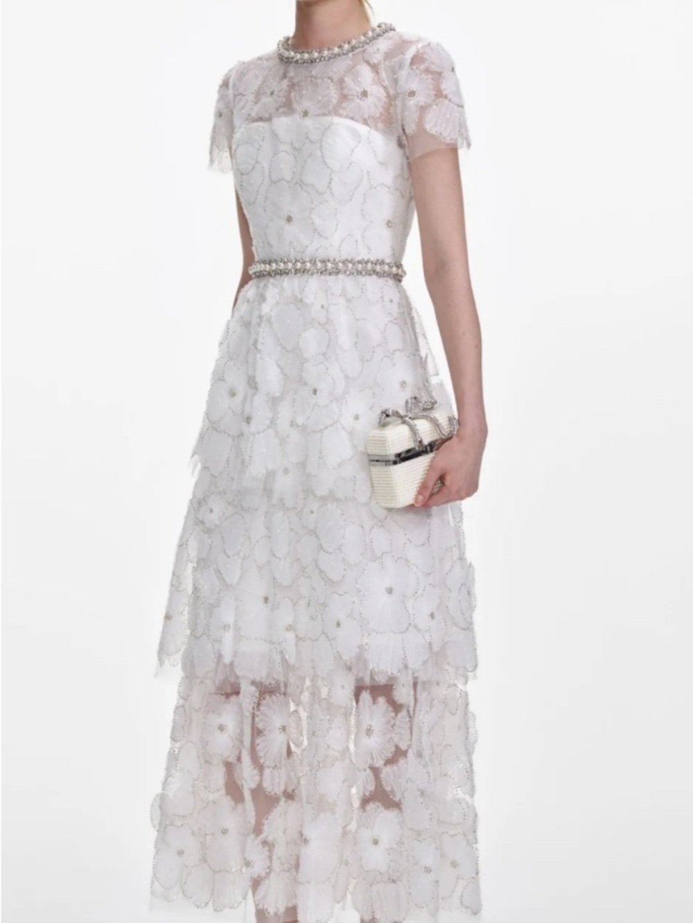 Women's White Tulle Embellished Tiered Midi Dress Size 6 Brand New